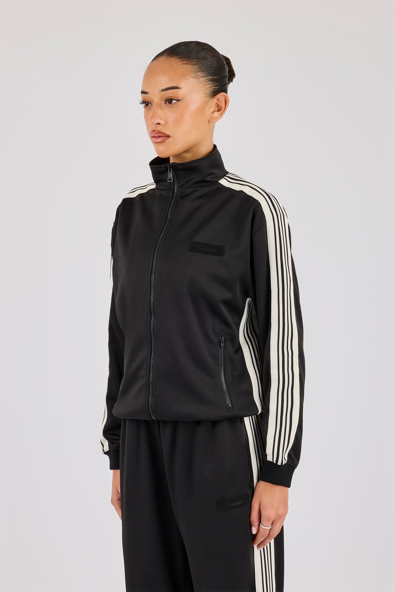 Damen-Trainingsjacke aus Polyester mit glattem Band – Schwarz